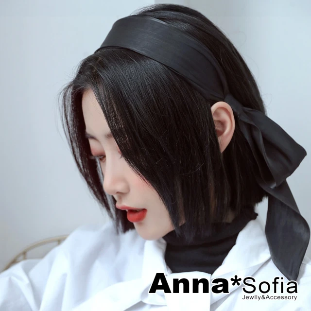 AnnaSofia 韓式髮箍髮飾-隱光緞側長結 現貨(黑系)