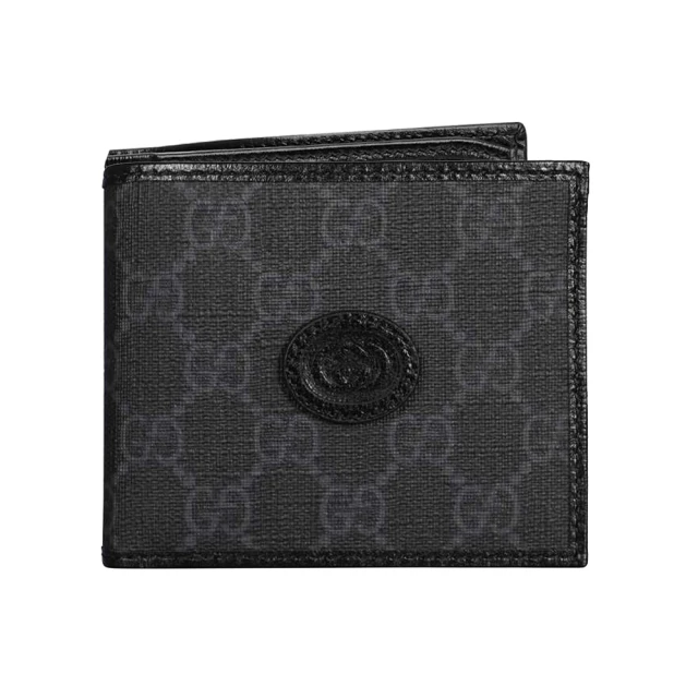 GUCCI 古馳 671652 新款Interlocking G系列皮雕LOGO中性款對開短夾(黑色-8卡)