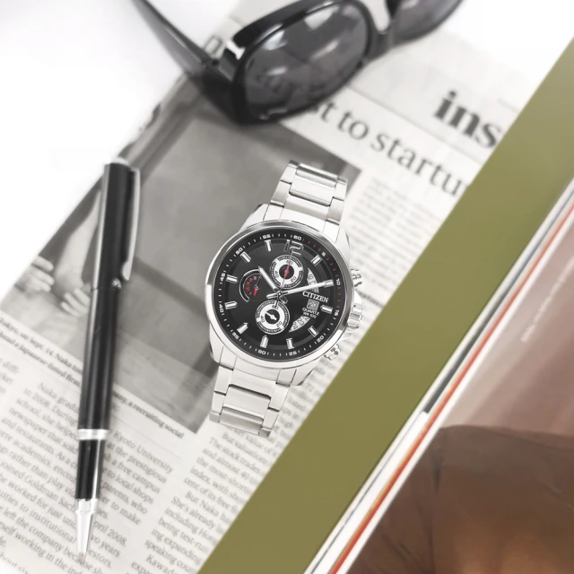 【CITIZEN 星辰】經典三眼 計時碼錶 日期 日本機芯 防水100米 不鏽鋼手錶 黑色 43mm(AN3690-56E)