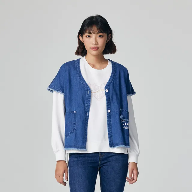 【Lee】女裝 牛仔外套 短袖抽鬚V領 外搭 中藍洗水 季節性版型(LB316003M25)