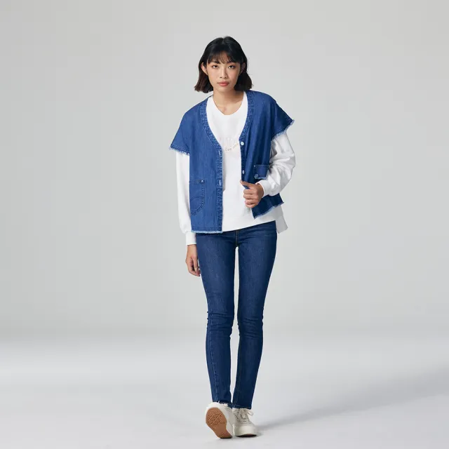 【Lee】女裝 牛仔外套 短袖抽鬚V領 外搭 中藍洗水 季節性版型(LB316003M25)