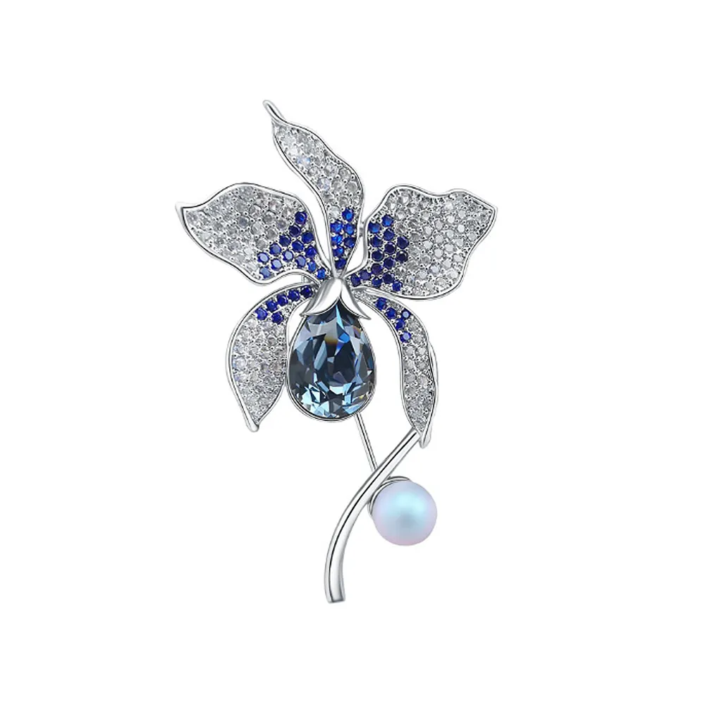【ANGEL】華麗花卉珍珠水晶耀眼鋯石2用胸針別針(銀藍色)