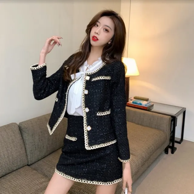 【baibeauty 白鳥麗子】小香風毛呢排釦外套+高腰A字短裙(兩件式套裝)