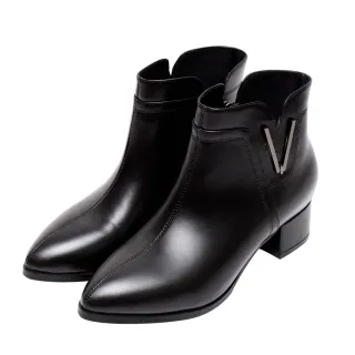 【Ann’S】防潑水材質-薇拉訂製V金屬雙車線粗低跟尖頭短靴4.5cm-版型偏小(黑)