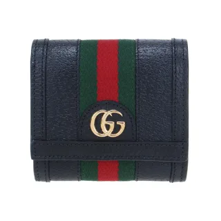 【GUCCI 古馳】719887 經典Ophidia系列GG LOGO織帶皮革飾邊中短夾(黑色)