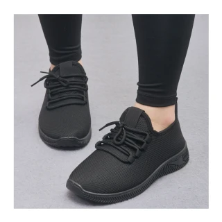 【Alberta】跟高3cm 黑色運動休閒鞋 輕量化飛織透氣網面 工作鞋 厚底綁帶運動鞋