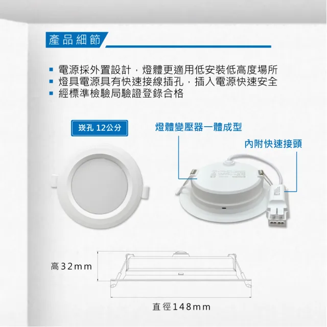 【東亞照明】LED 12CM 12W 崁燈 白光 黃光 自然光 4入組(LED 12公分 崁燈)