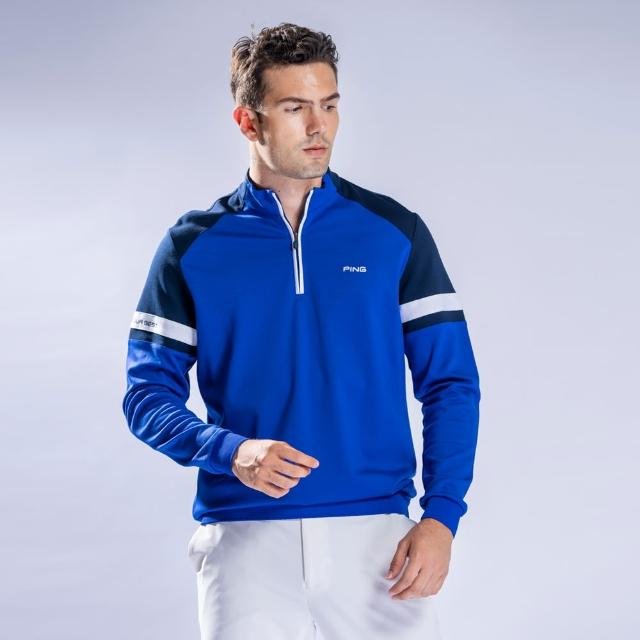 【PING】男款休閒立領長袖POLO衫-寶藍(日本素材/GOLF/高爾夫球衫/PA22223-56)