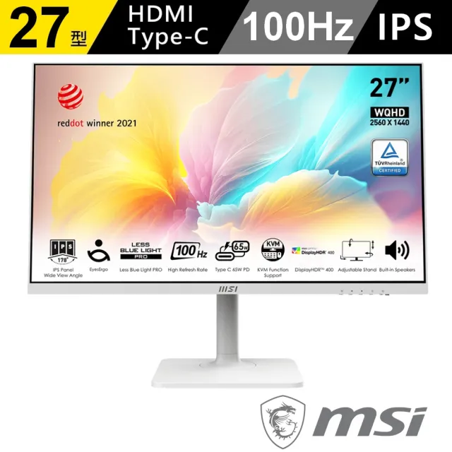 【MSI 微星】Modern MD272QXPW 27型 IPS WQHD 100Hz 美型螢幕-白(Type-C/內建喇叭/TUV護眼)
