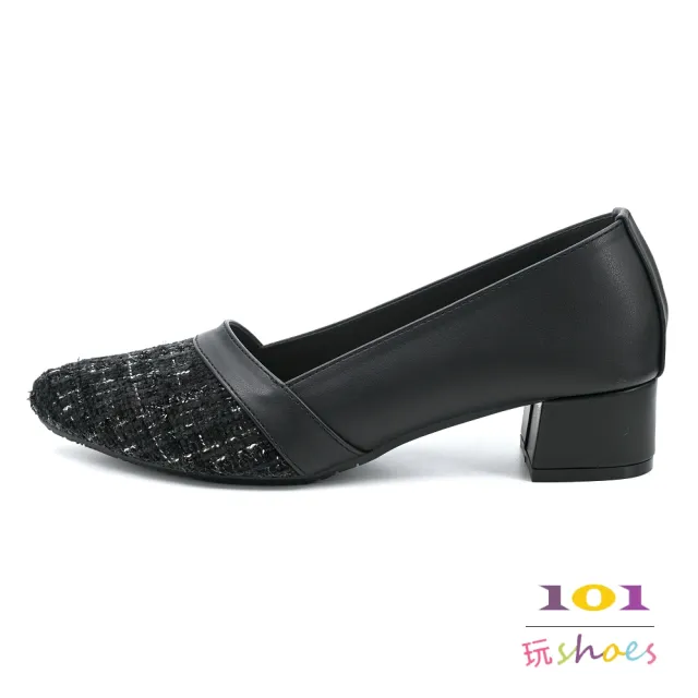 【101 玩Shoes】mit. 小香風尖頭異材質拼接毛呢粗跟鞋(黑色/米色 36-40碼)