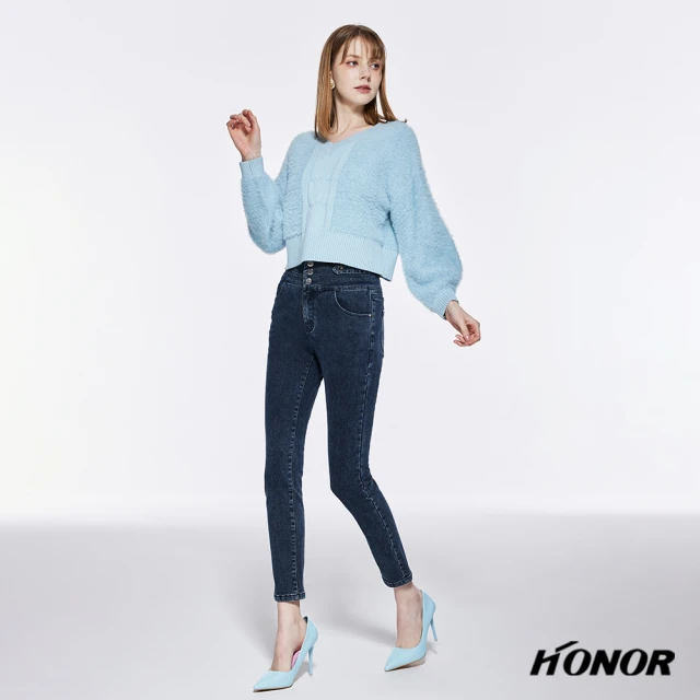 HONOR 山形屋 高腰V型排釦口袋牛仔褲-藍/黑