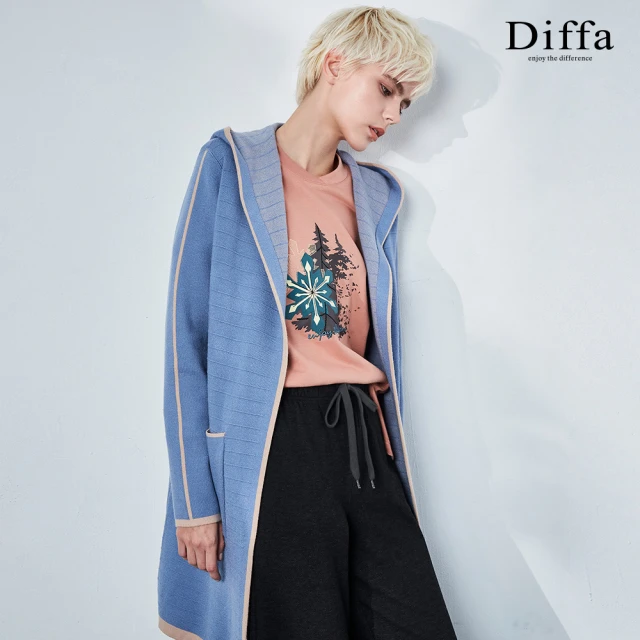 Diffa 連帽設計長版線衫外套-女