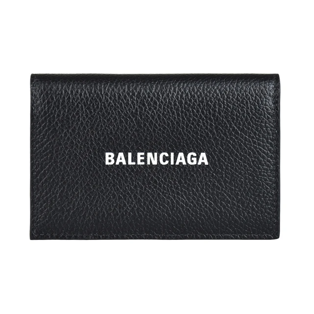 Balenciaga 巴黎世家 BALENCIAGA白母LOGO荔枝紋小牛皮2卡翻蓋釦式卡片夾(黑)