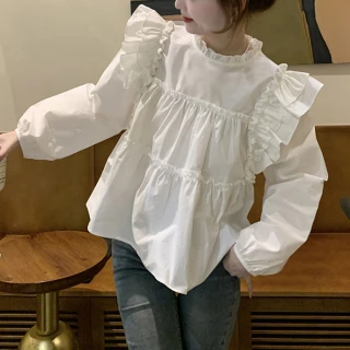 【JILLI-KO】荷葉邊娃娃襯衫甜美清新寬鬆設計上衣-F(白)