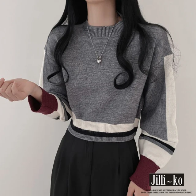 【JILLI-KO】拼色短款套頭毛衣女圓領籠袖針織衫-F(灰/白)