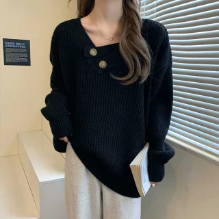 【JILLI-KO】慵懶風V領毛衣女寬鬆設計感針織中大尺碼-F(黑/淺卡)