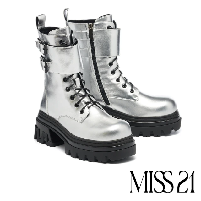 MISS 21 前衛時髦綁帶金屬牛皮大頭高跟厚底短靴(銀)