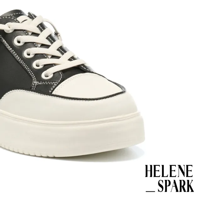 【HELENE_SPARK】舒適百搭彈力鞋帶牛皮厚底休閒鞋(黑)