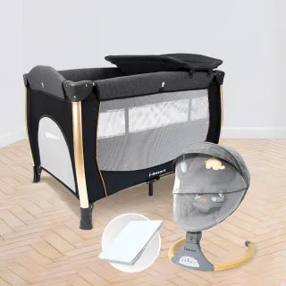 【i-smart】雙層折疊嬰兒床+杜邦床墊+自動安撫搖椅(豪華三件組)