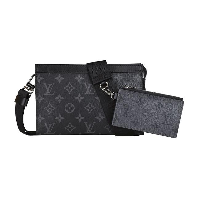 【Louis Vuitton 路易威登】LV M81124 Gaston LOGO Eclipse Reverse帆布二合一拉鍊手拿斜背包(炭黑x炭灰)