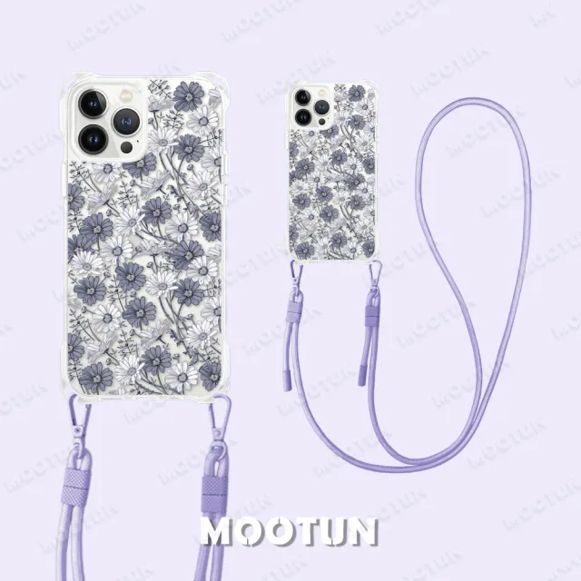 【MOOTUN沐盾】iPhone15 14 13 12 Pro Max四角掛繩手機殼  藍紫雛菊(附手機掛繩)