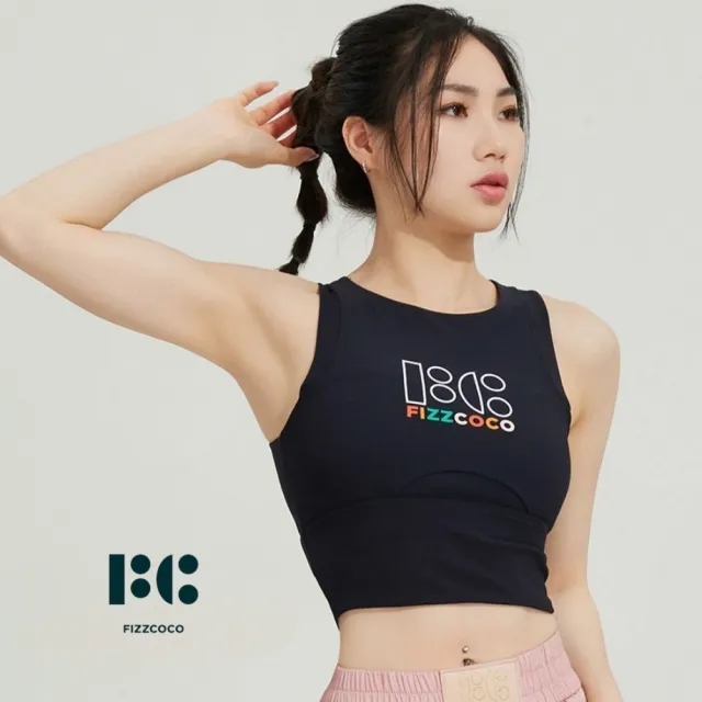 【FIZZCOCO】現貨14 經典logo螺紋運動背心 一體式帶胸墊女健身長款內衣外穿瑜伽服上衣(黑色／髒髒橘)
