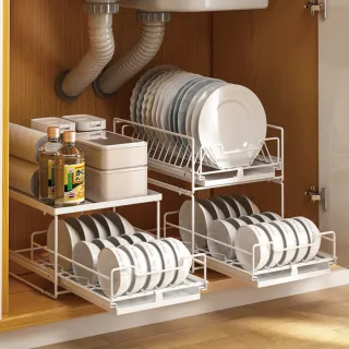 【慢慢家居】雙層廚房可抽拉碗盤瀝水架下水槽收納架(2款任選) 
