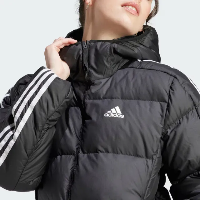 【adidas 愛迪達】W ESS M D HO J 女 羽絨外套 連帽 運動 休閒 冬季 保暖 防潑水 黑(HZ8483)