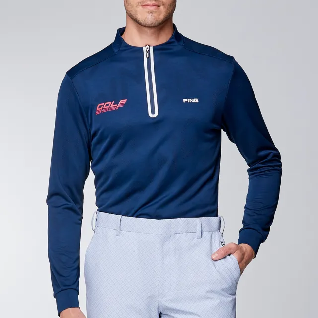 【PING】男款LOGO緹花吸濕排汗立領薄長袖POLO衫-深藍(GOLF/高爾夫球衫/PA23220-58)