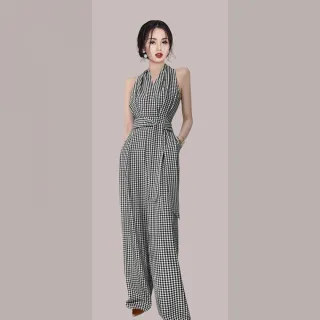 【Very Buy 非常勸敗】無袖掛脖連身褲女夏季女裝連衣寬褲格子拖地長褲