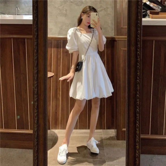 【Very Buy 非常勸敗】白色蝴蝶結方領泡泡袖洋裝女小個子夏季法式初戀森系設計感小眾