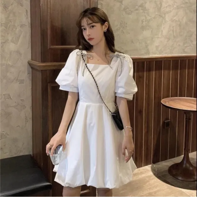 【Very Buy 非常勸敗】白色蝴蝶結方領泡泡袖洋裝女小個子夏季法式初戀森系設計感小眾