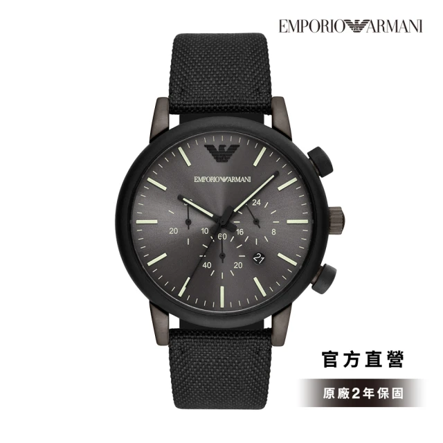 EMPORIO ARMANI 官方直營 Luigi 都會菁英三眼時尚手錶 黑色真皮帆布錶帶 46MM AR11409