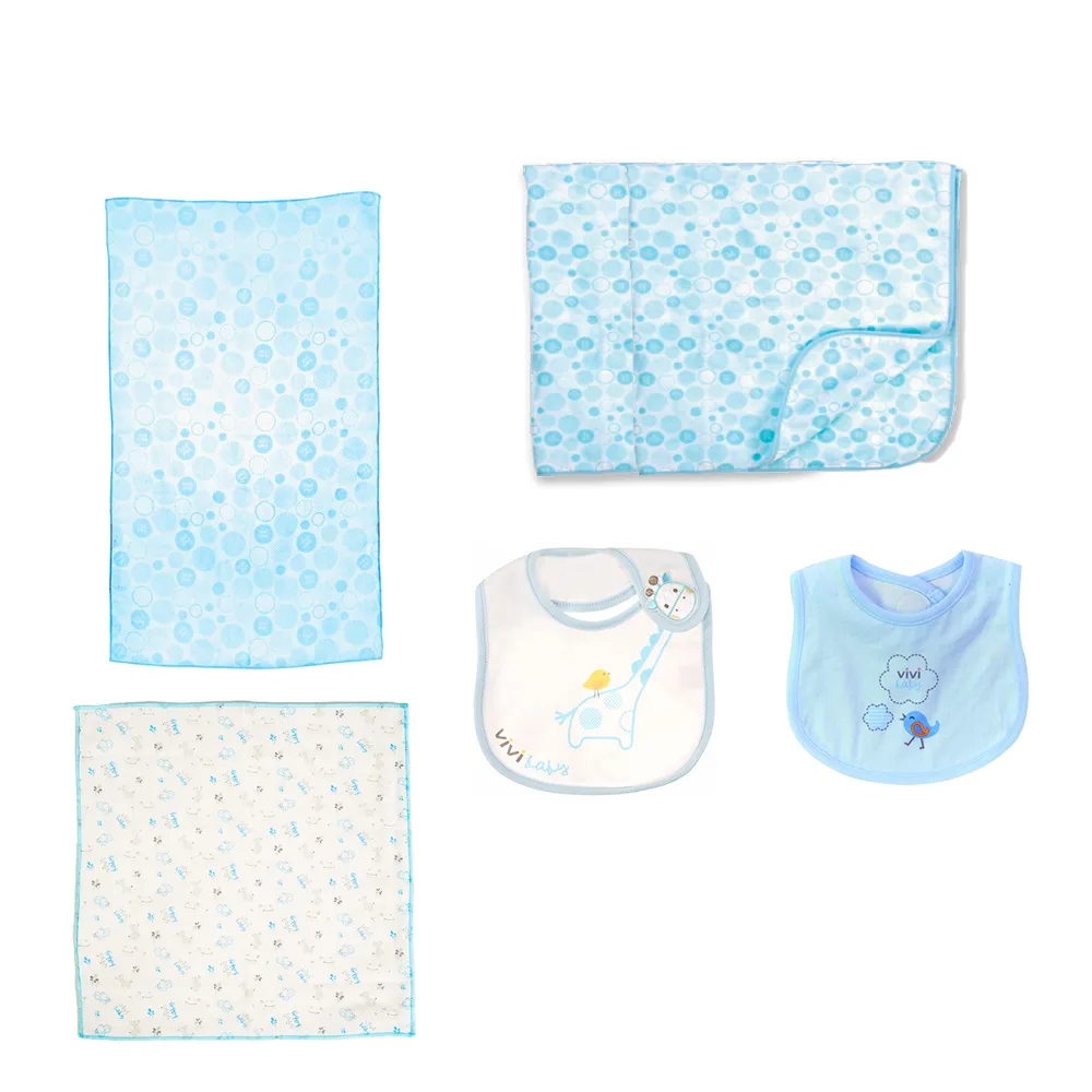 【ViVibaby】寶貝沐浴超值組-浴巾+紗布澡巾+紗布手帕+圍兜(藍)