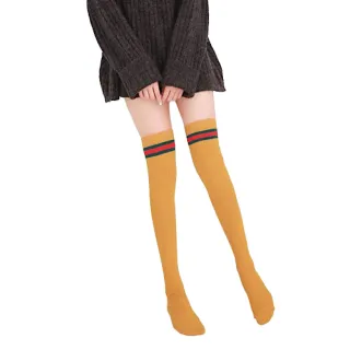 【89 zone】日系全棉紅綠條紋 女襪 長筒襪 高筒襪 過膝襪 1 雙(黑/白/灰/黃/藏青)
