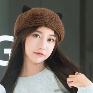 【AnnaSofia】保暖畫家帽毛帽貝蕾帽-小貓耳圈粗織 現貨(咖系)