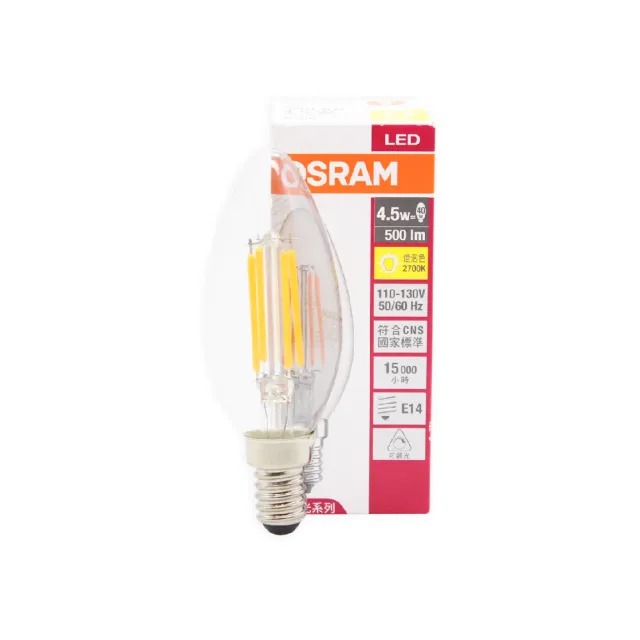 【Osram 歐司朗】10入組 LED 4.5W 2700K 燈泡色 E14 110V 尖頭 燈絲燈 蠟燭燈