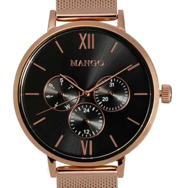 【MANGO】MMANGO簡約三眼時尚米蘭帶腕錶-MA6766L-88R(玫瑰金*黑/38mm)