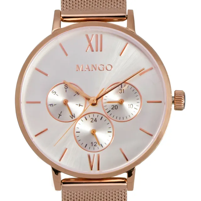 【MANGO】MANGO簡約三眼時尚米蘭帶腕錶-MA6766L-RG(玫瑰金/38mm)