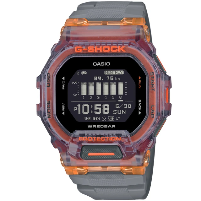 【CASIO 卡西歐】G-SHOCK 時尚潮流藍牙連線耐衝擊運動腕錶/灰x橘框(GBD-200SM-1A5)