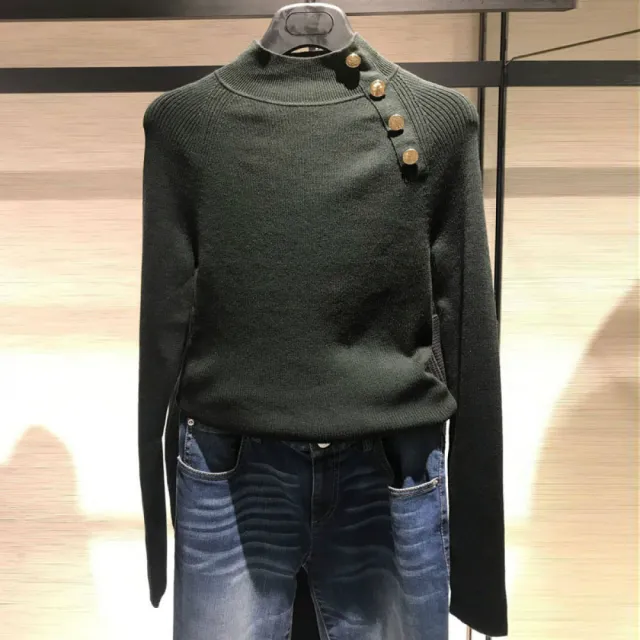 【Very Buy 非常勸敗】女裝2022春秋修身套頭純色金屬扣半高領針織內搭