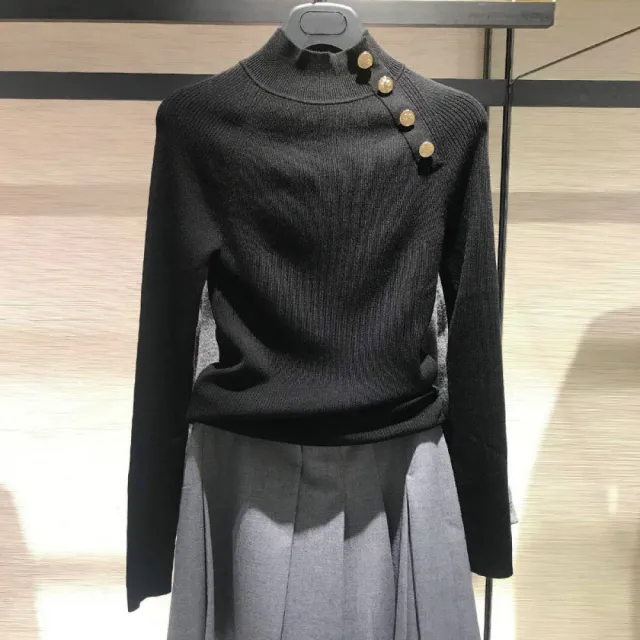 【Very Buy 非常勸敗】女裝2022春秋修身套頭純色金屬扣半高領針織內搭