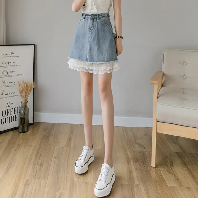 【Very Buy 非常勸敗】網紗拼接牛仔A字裙女2023夏款甜美百搭牛仔半身裙短裙女