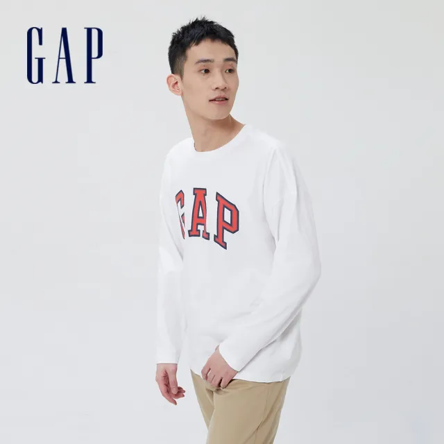 【GAP】男女同款 Logo長袖T恤 厚磅密織親膚系列-白色(451047)