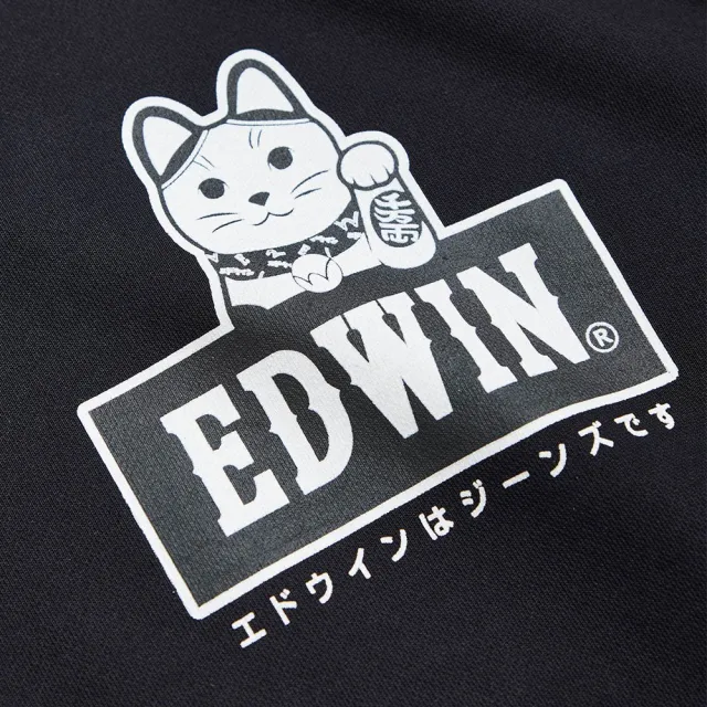 【EDWIN】男女裝 東京散策系列 招財貓連帽長袖T恤(黑色)