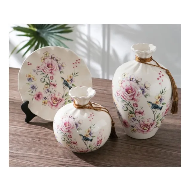 【JEN】美式手工創意冰裂紋陶瓷花瓶花器3件組(花鳥)