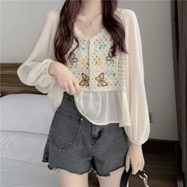 【Very Buy 非常勸敗】2023女裝春季韓版長袖鏤空刺繡開衫雪紡防曬衣短款上衣襯衫女