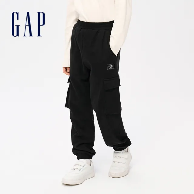 【GAP】男童裝 Logo束口鬆緊工裝褲 碳素軟磨法式圈織系列-黑色(836756)