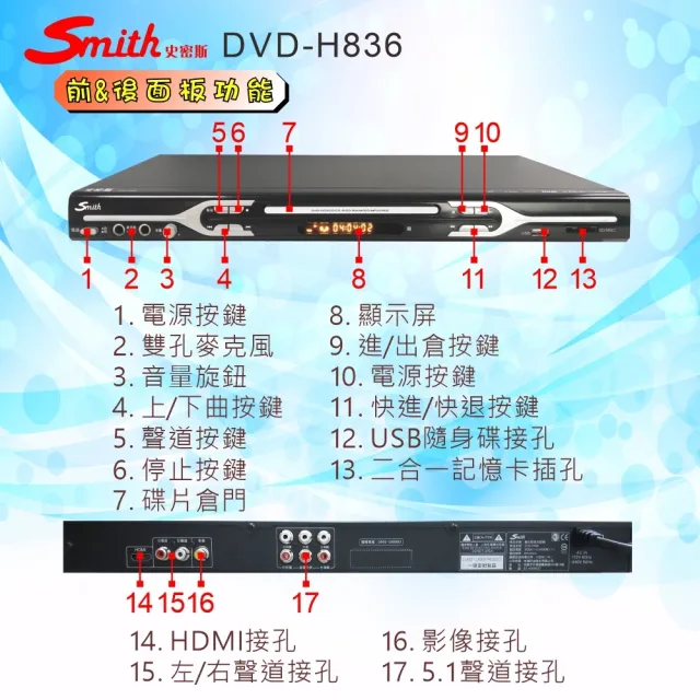 【Smith 史密斯】HDMI數位影音光碟機/AV5.1聲道DVD光碟機(DVD-H836)