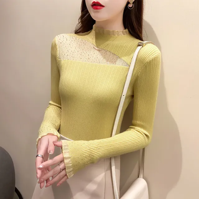 【Very Buy 非常勸敗】半高領針織內搭上衣女秋冬時尚蕾絲網紗長袖毛衣歐美上衣